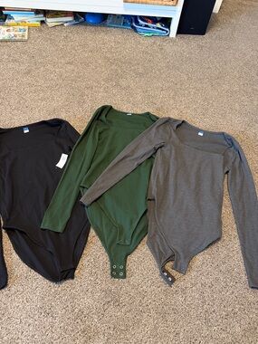 Womans Long-Sleeve Ribbed One-Piece Bodysuit - Black, Green, Gray